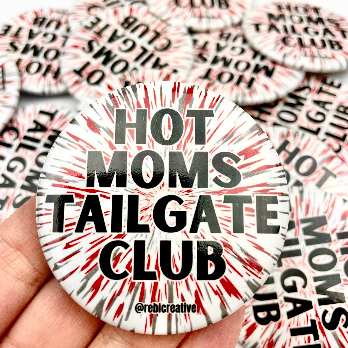 REBL Creative - Hot Moms Tailgate Club - Red/Grey/Black - Game Day Button