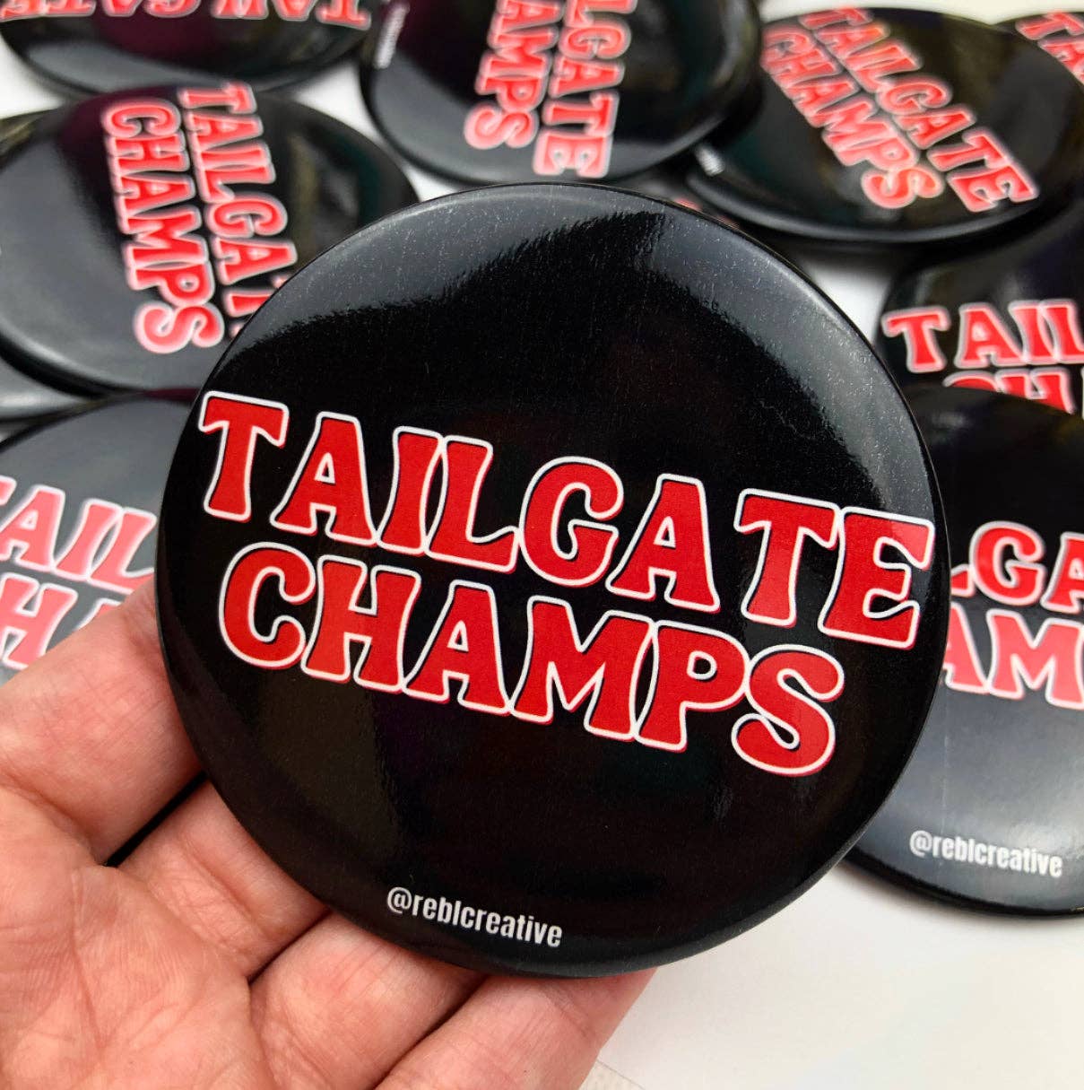 GAME DAY BUTTON- Tailgate Champs Black & Red