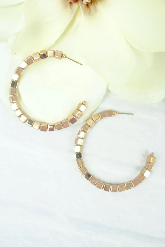 Goldtone June Square Bead Hoop Earrings