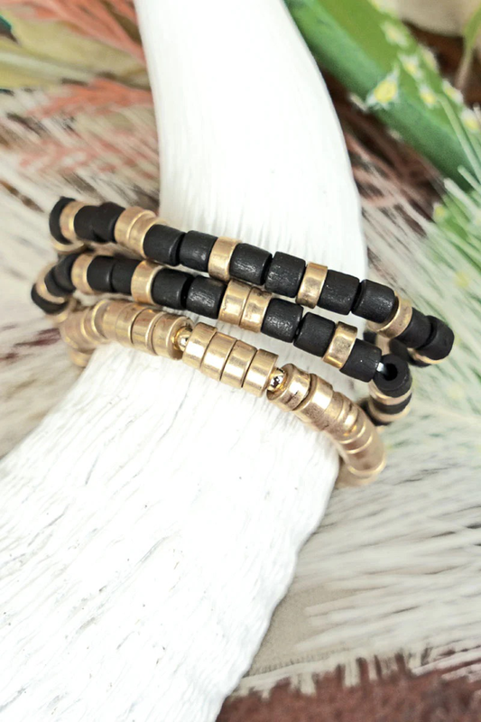 Black Wood and Goldtone Stretch Bracelet Set