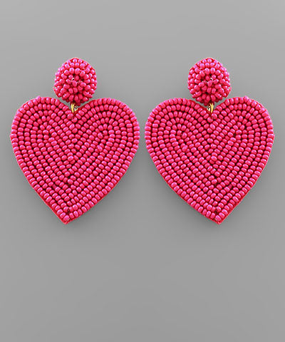 Pink Seed Bead Heart Earrings