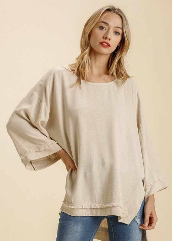 Umgee Linen Blend Round Neck Long Sleeve Shirt