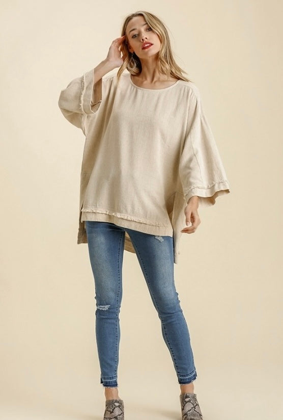 Umgee Linen Blend Round Neck Long Sleeve Shirt