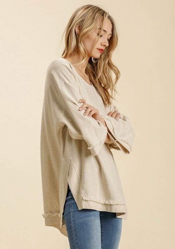 Umgee Linen Blend Round Neck Long Sleeve Shirt