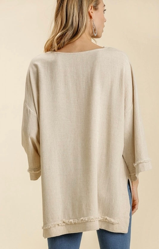 Umgee Linen Blend Round Neck Long Sleeve Shirt