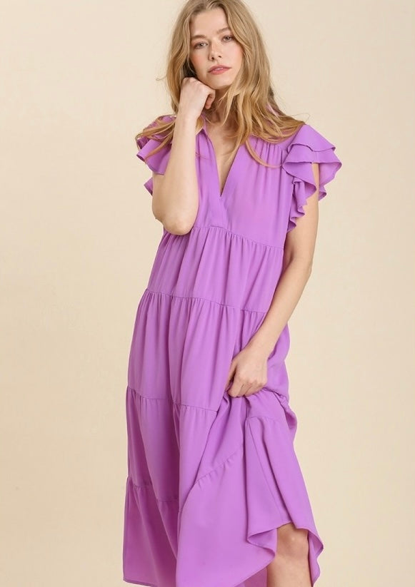 Umgee Collar Split Neck Short Ruffle Sleeves Dress