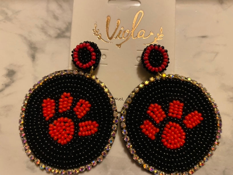 Red and Black Paw Seed Bead Earrings