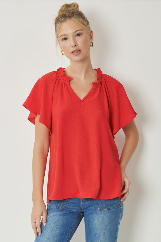 Entro Tangerine V Neck Flutter Shirt w/Ruffle Neckline