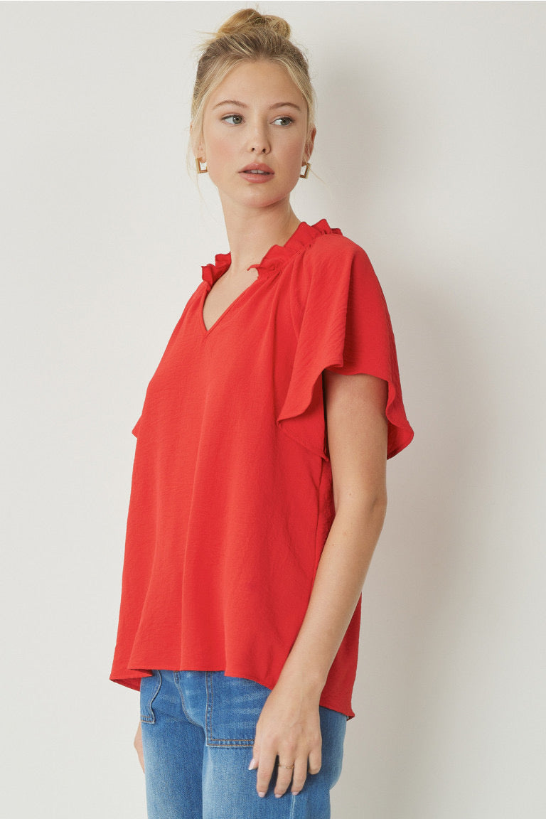 Entro Tangerine V Neck Flutter Shirt w/Ruffle Neckline