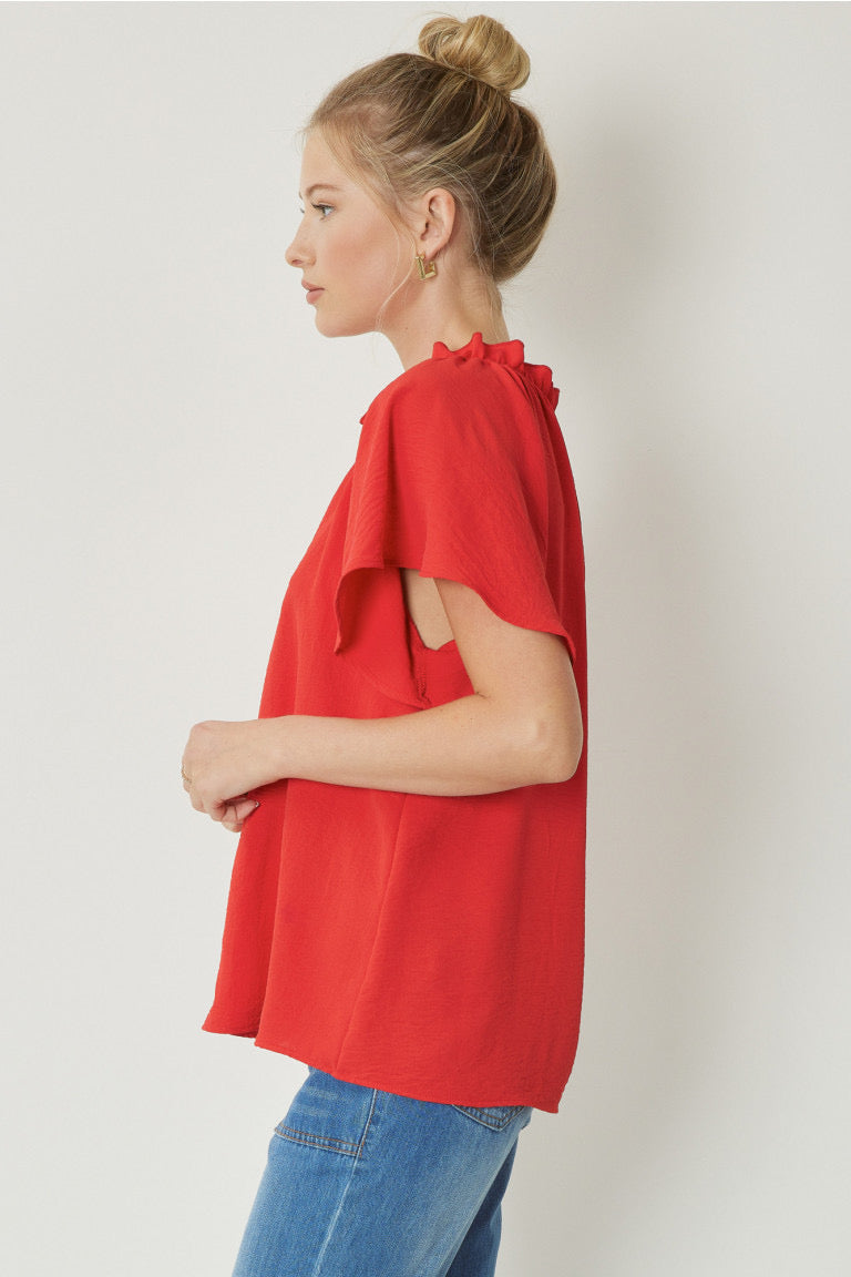 Entro Tangerine V Neck Flutter Shirt w/Ruffle Neckline