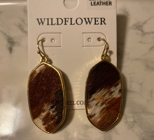 Sheffield Brown Cowhide Hexagon Earrings