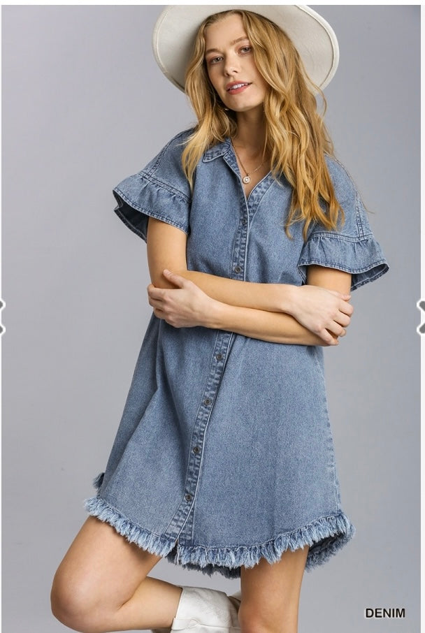 Ruffle Sleeve Denim Dress