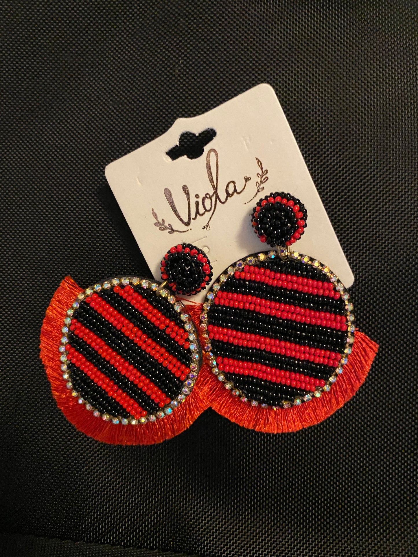 Red & Black Seed Bead Disc Earrings with Red Fringe Accent