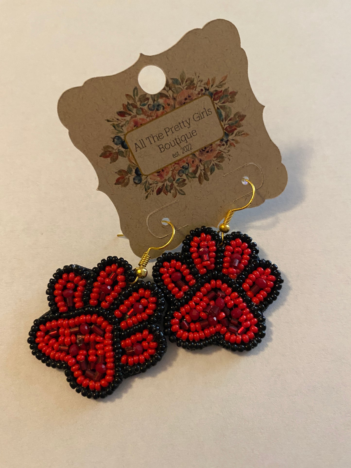 Red & Black Seed Bead Dawg Paw Prints