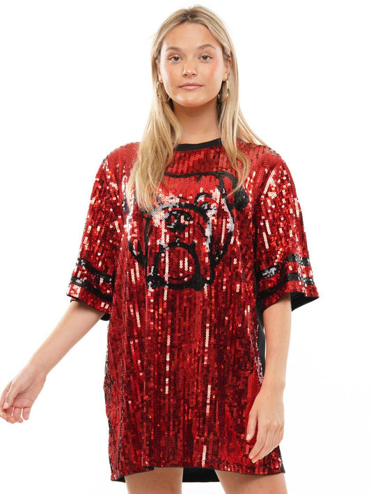 Red Sequin Dress with Black Bulldog