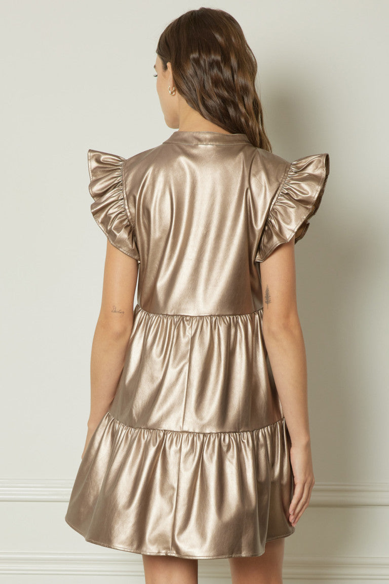 Entro Faux Leather Metallic Tiered Mini Dress