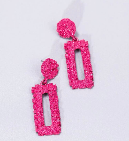 Hot Pink Textured Metal Drop Earrings